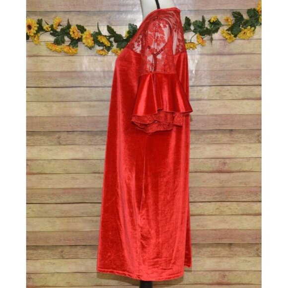 C.O.C. Red Velvet Midi Sheath Dress Plus Size 3X Floral Lace Short Bell Sleeve - Picture 5 of 11
